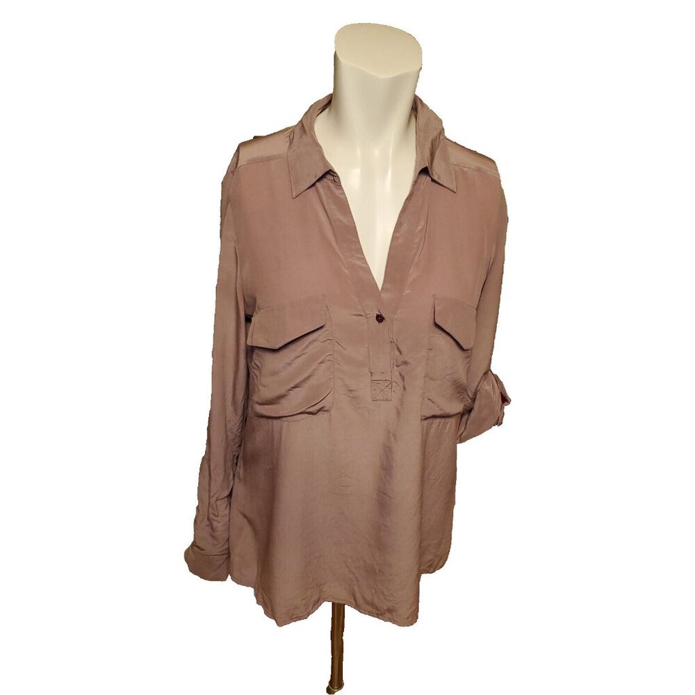 Eileen Fisher Silk Crepe Shirt Satin Collared Blouse Two Pocket Lavender Sz XS/S